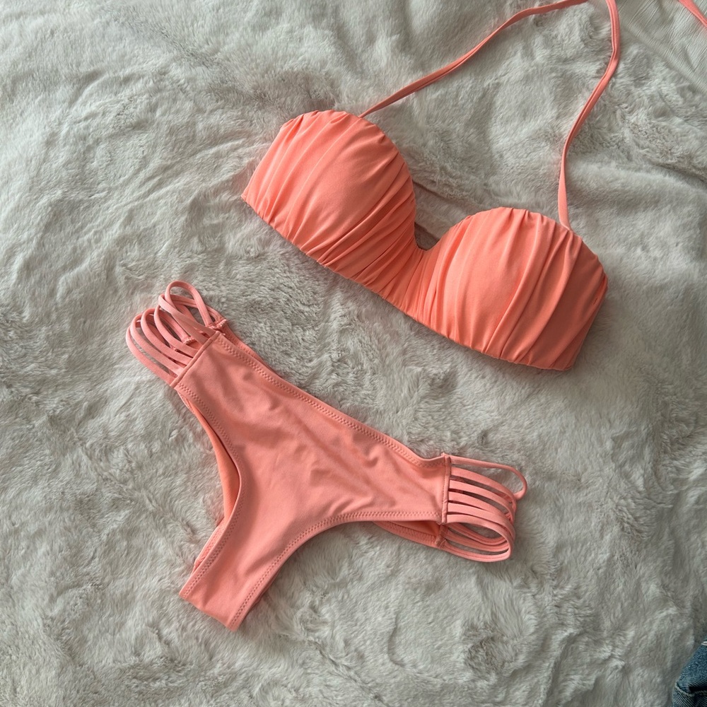 Peach Ruched Bikini Set - Picture 3 of 9
